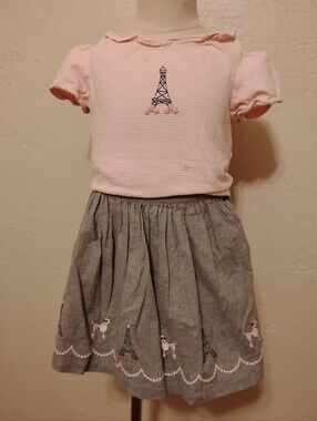 Janie And Jack BONJOUR PARIS 4 Skirt Poodle Top Eiffel Outfit Pink Grey Preppy